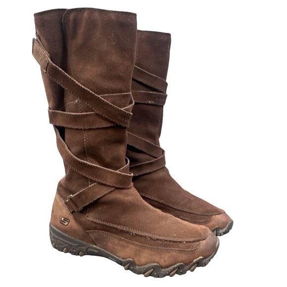 Skechers Suede Leather Boots 8 Brown Strappy Flats Boho Winter College Academia - Picture 2 of 16